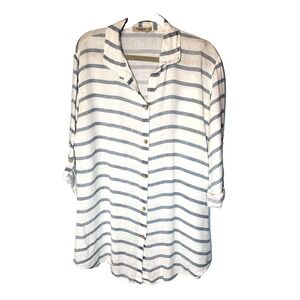 Viola Borghi White/Blue Striped Linen Tunic/Shirt Dress Button Down Tab Sleeve M